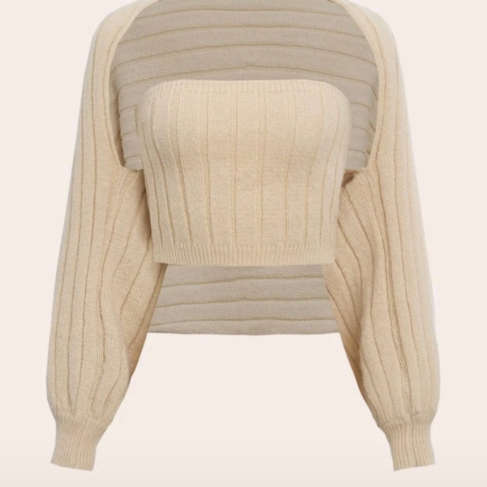 Elegant 2 Piece Beige Women's Sweater And Tube Top